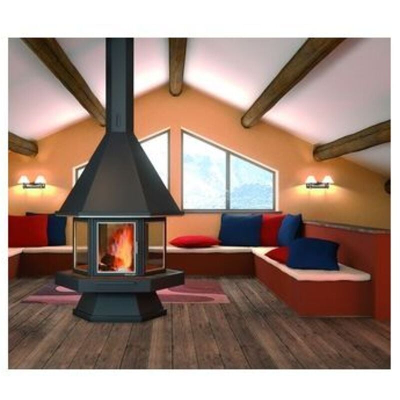 Focgrup - Cheminée à bois noire centrale à base et foyer réfractaire avec porte vitrée 16 Kw