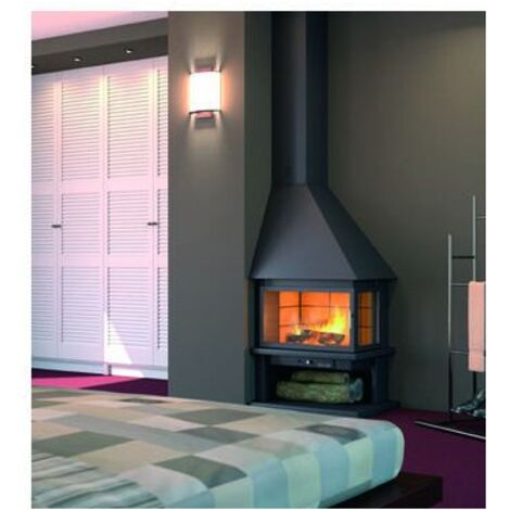 Cheminée d'angle sur pieds 12 kW – Foyer en acier réfractaire – Tiroir à cendre amovible – Compatible bûches jusqu'à 60 cm – Focgrup
