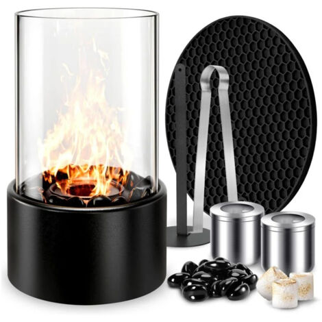 Cheminée de Table Bio éthanol avec Pad PU Pierres décoratives durée de Combustion Plus Longue Portable Petite pour intérieur et extérieur Balcon,terrasse,Appartement
