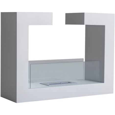 Cheminée de table en acier inoxydable inodore à bioéthanol 2000W avec verre 78 x 25 x 58 cm Blanc