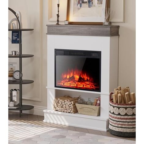 M.C.HAUS Cheminée électrique autoportante en chêne rustique et blanc avec corps encastré de 23 pouces, température et couleur de flamme réglables, étagère de rangement ouverte et plateau de table, travail du b