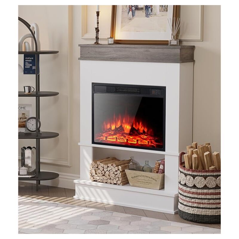 Cheminée électrique autoportante en chêne rustique et blanc avec corps encastré de 23 pouces, température et couleur de flamme réglables, étagère de
