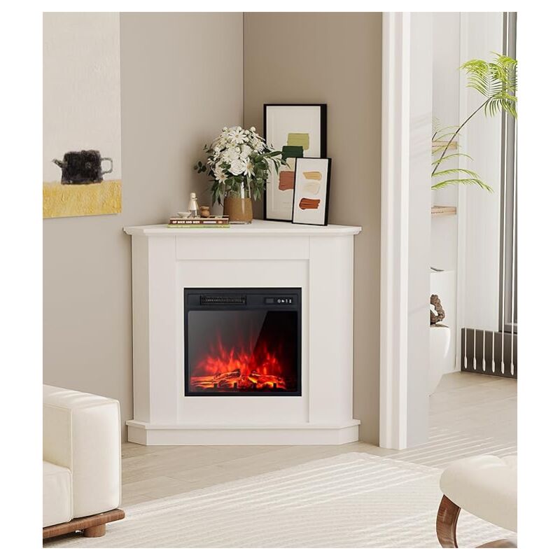 Cheminée électrique d'angle blanche de 45 cm avec insert 18' premium, chauffage efficace 900/1800W, manteau triangulaire astucieux, 3 effets de