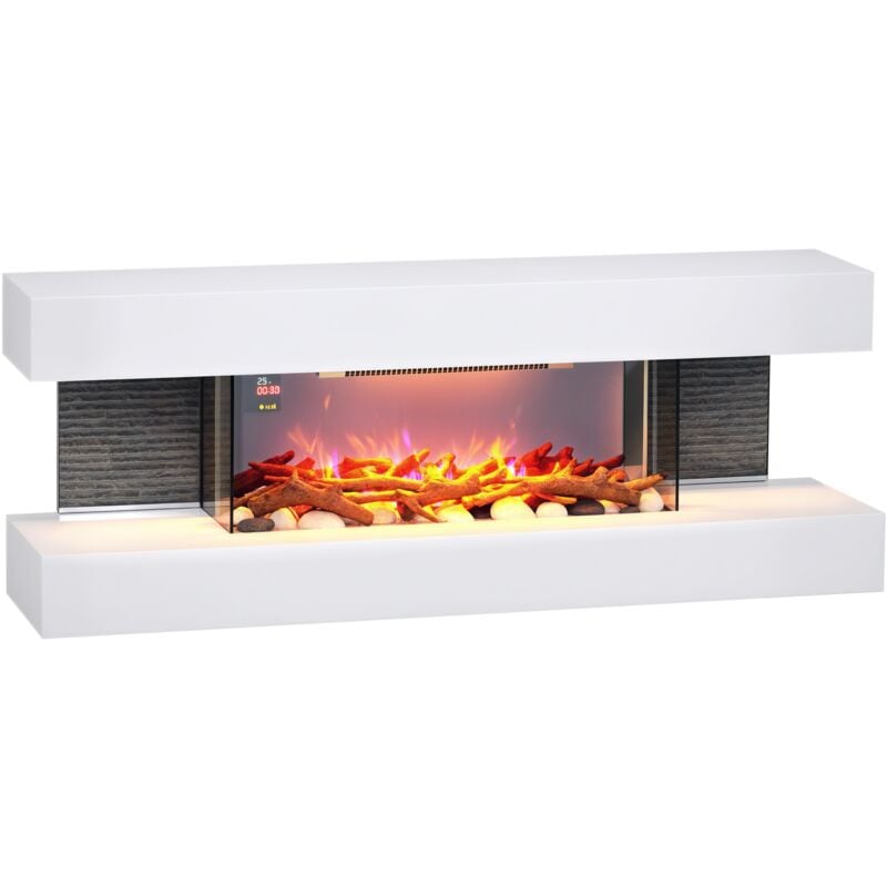 Homcom - Cheminée électrique design contemporain 2000W effets flammes led 3D dim. 119L x 30l x 45H cm éléments décoratifs télécommande inclus blanc