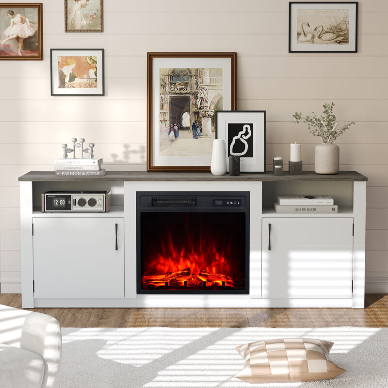 M.C.Haus – Meuble TV 147 cm avec cheminée électrique 18 pouces – Flamme ajustable 3 couleurs – Télécommande – Espace de rangement ouvert