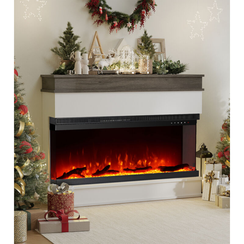 158cm Cheminée électrique 3D moderne avec manteau, 12 couleurs de flamme & 5 niveaux de luminosité, télécommande incluse