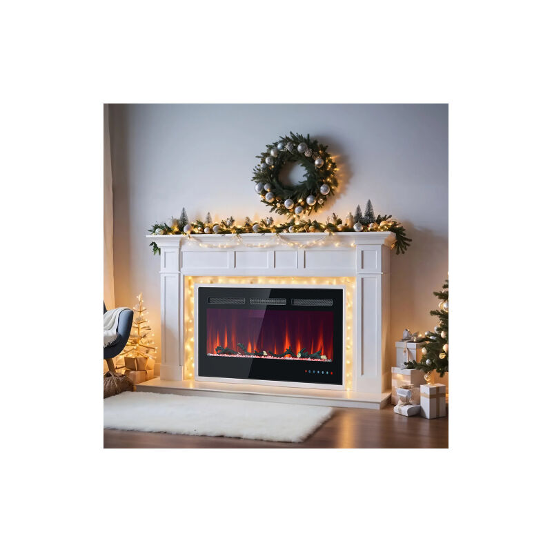 Ineasicer - Cheminée électrique murale et encastrable, 12 couleurs de flammes réglables, thermostat réglable, avec set de cristal et de bois,