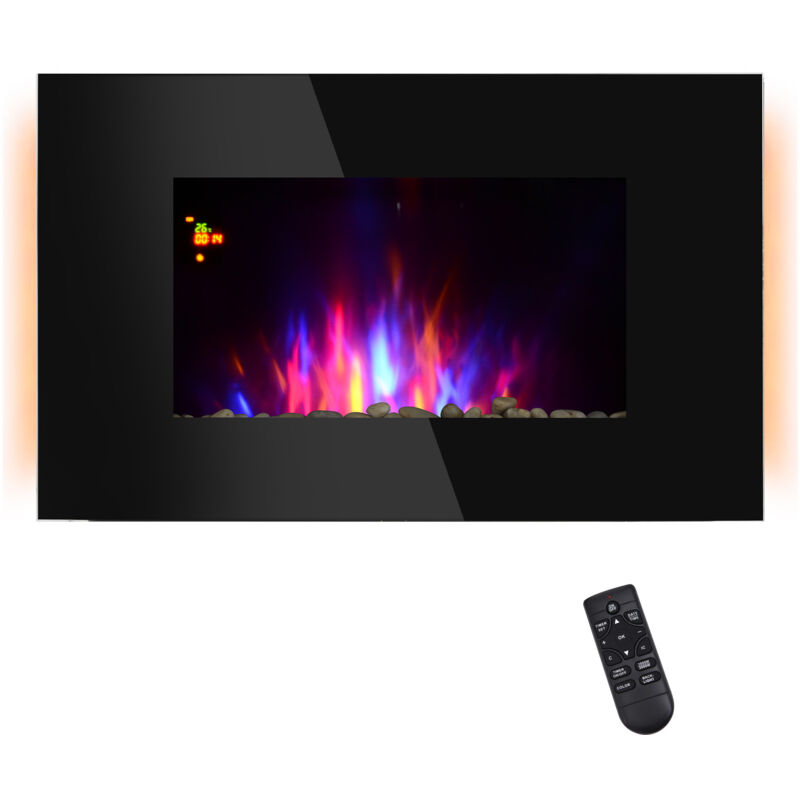 Homcom - Cheminée électrique murale led 7 effets flammes + 7 couleurs ambiance + galets télécommande thermostat 1000-2000 w minuterie noir