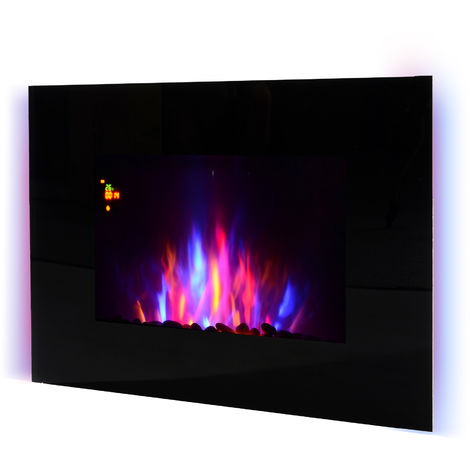 Cheminée électrique murale LED 7 effets flammes + 7 couleurs ambiance + galets télécommande thermostat 1000-2000 W minuterie noir - Noir