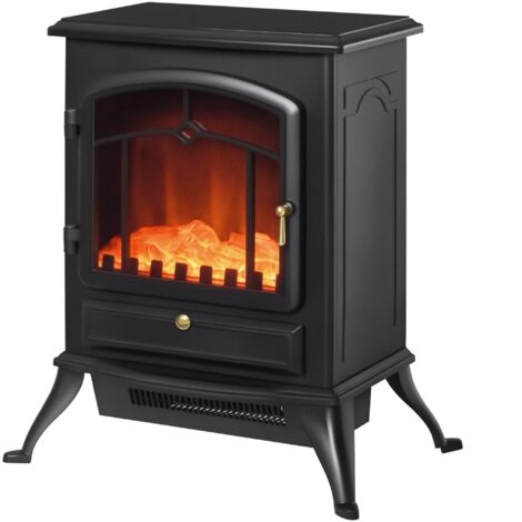 Cheminée électrique style poêle rétro noir - 1000/2000 W avec thermostat - Protection surchauffe - Effet flamme LED