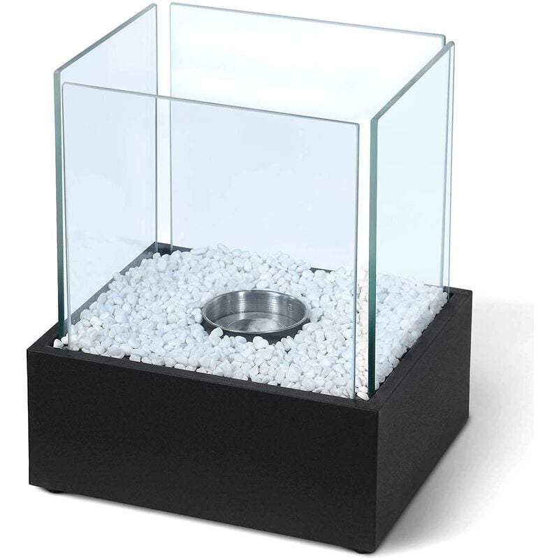Cheminée éthanol de table portable 28 cm avec pierres décoratives intérieur extérieur à poser poêle bioéthanol mobile 4 panneaux en verre acier