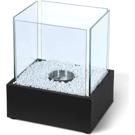 Cheminée éthanol de table portable 28 cm avec pierres décoratives intérieur extérieur à poser poêle bioéthanol mobile 4 panneaux en verre acier inoxydable noir