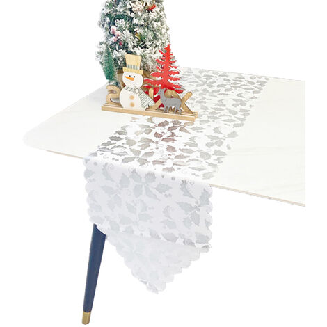 Chemins de table à motifs d'impression bronzants avec glands pour décor de mariage de fête de Noël de table-33 182cm (feuilles d'argent)