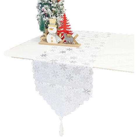 Chemins de table à motifs d'impression bronzants avec glands pour décor de mariage de fête de Noël de table-33 183cm (flocon de neige argenté)