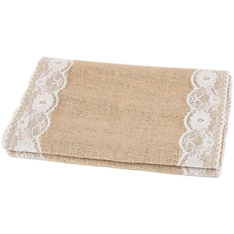 chemins de table en dentelle rétro et toile de jute pour mariage champêtre, A--