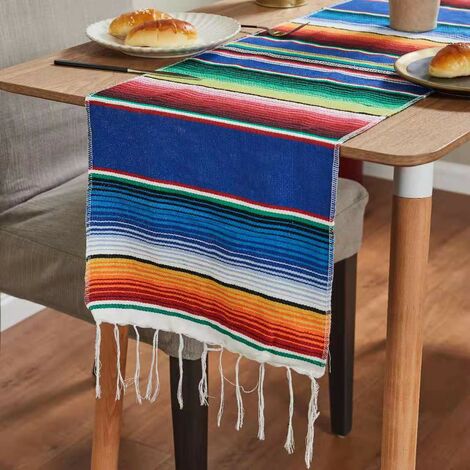 Chemins de table mexicains, pour décorations de fête mexicaines, de mariage, de pique-nique, de salle à manger, de table en coton tissé à la main- Bleu Saphir 35×275