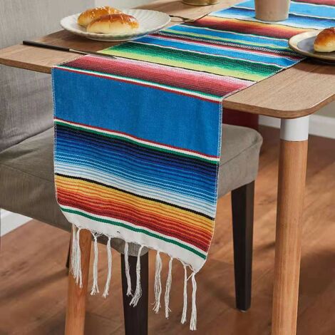 Chemins de table mexicains, pour décorations de fête mexicaines, de mariage, de pique-nique, de salle à manger, de table en coton tissé à la main- Lac Bleu 35×215