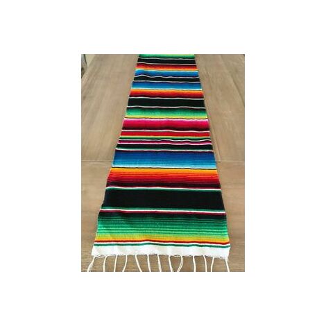 Chemins de table mexicains, pour décorations de fête mexicaines, de mariage, de pique-nique, de salle à manger, de table en coton tissé à la main- Noir 130×170