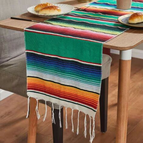 Chemins de table mexicains, pour décorations de fête mexicaines, de mariage, de pique-nique, de salle à manger, de table en coton tissé à la main- Vert 150×180