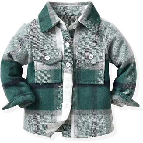 Chemises-vestes en flanelle à carreaux pour bébés garçons et filles, manches longues, col à revers et boutons, chaudes, pour l'automne et l'hiver - 5-6 ans - Vert-5-6 Years