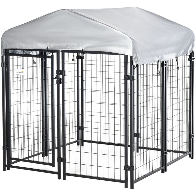 Pawhut - Chenil cage enclos chien entièrement couvert - porte verrouillable - 120 x 120 x 138cm - gris métal noir
