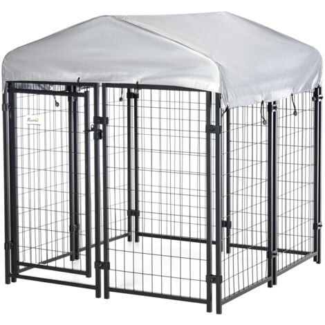 PAWHUT Chenil cage enclos chien entièrement couvert - porte verrouillable - 120 x 120 x 138cm - gris métal noir