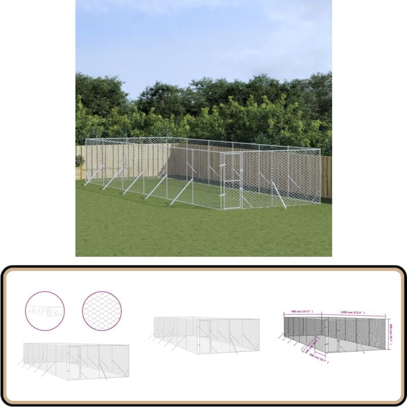 Vidaxl - Chenil d'extérieur pour chiens argenté 4x12x2 m acier galvanisé - Chenil Exterieure - Abri Chien - Cage Chien - Enceinte Chien - Animal