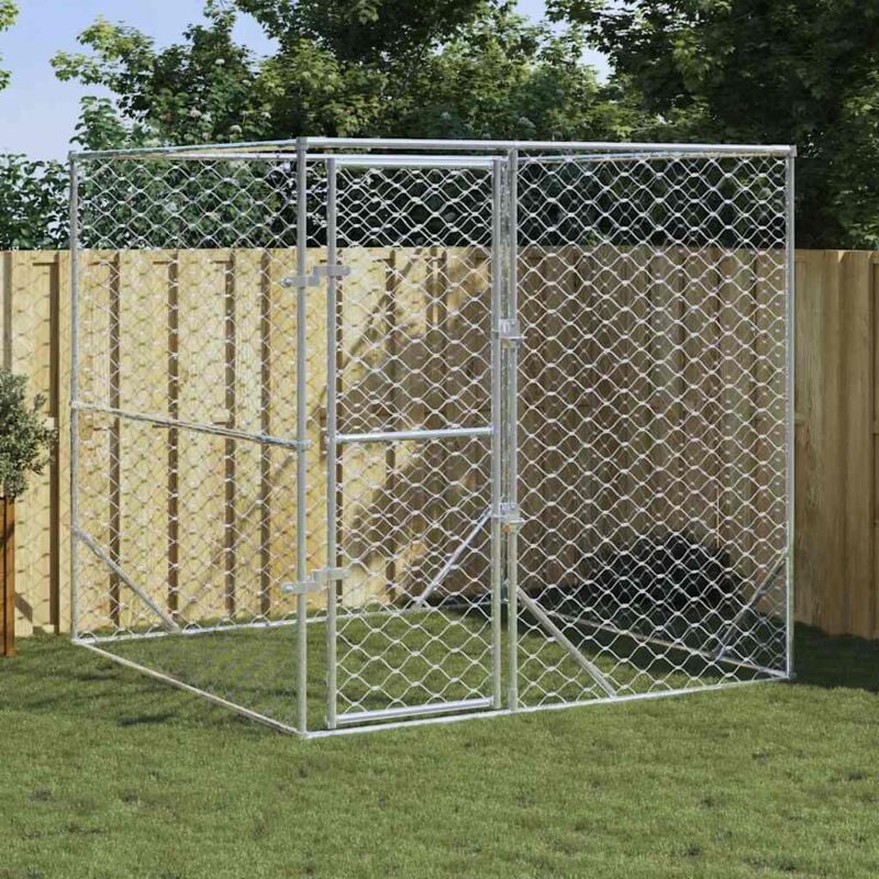 Chenil d'extérieur pour chiens, Enclos Parc Cage pour chiens argenté 2x2x2 m acier galvanisé WLE153702 design in
