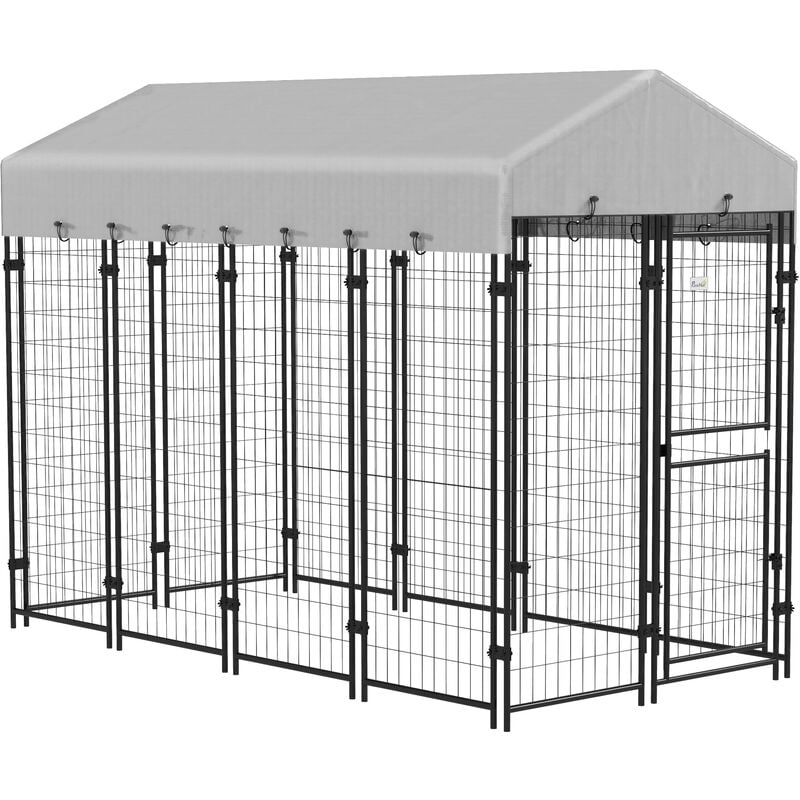 Pawhut - Chenil extérieur chien - cage chien - enclos chien - toile toit imperméable anti-UV, 2 portes verrouillables - acier noir pe gris - Gris