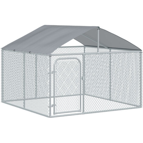 Chenil extérieur avec toit pour chien 5 m² parc grillagé espace couvert acier galvanisé 230 x 230 x 175 cm