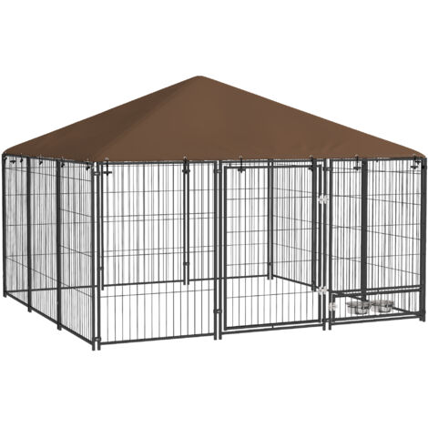 Chenil extérieur chiens acier tissu Oxford support gamelle toit 211x211x151 cm noir café