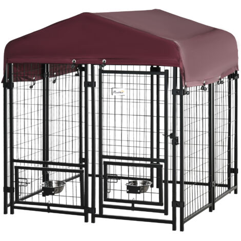 Chenil extérieur chiens parc chiot toit tissu Oxford 2 supports bol rotatifs 8 panneaux résistant intempéries 120x120x138 cm