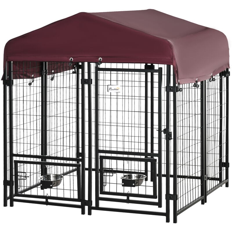 Chenil extérieur pour chien - cage chien - enclos chien - toile toit imperméable anti-UV, porte verrouillable, 2 bols rotatifs - acier noir oxford