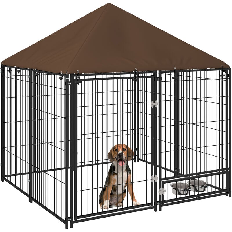Chenil extérieur pour chiens en métal et tissu oxford avec support gamelle et toit résistant aux intempéries espace spacieux 141L x 141l x 151H cm