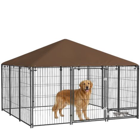 Chenil extérieur pour chiens en acier et tissu Oxford avec support gamelle toit 211 x 211 x 151 cm noir et café