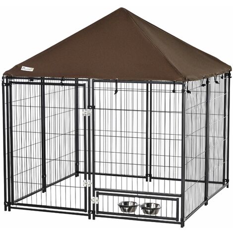 Chenil extérieur pour chiens en métal et tissu oxford avec support gamelle et toit résistant aux intempéries espace spacieux 141 x 141 x 121 cm noir - Noir