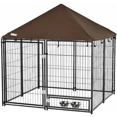Chenil extérieur pour chiens en métal et tissu oxford avec support gamelle et toit résistant aux intempéries espace spacieux 141 x 141 x 151 cm noir - Noir