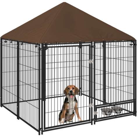 Chenil extérieur pour chiens en métal et tissu oxford avec support gamelle et toit résistant aux intempéries espace spacieux 141L x 141l x 151H cm noir