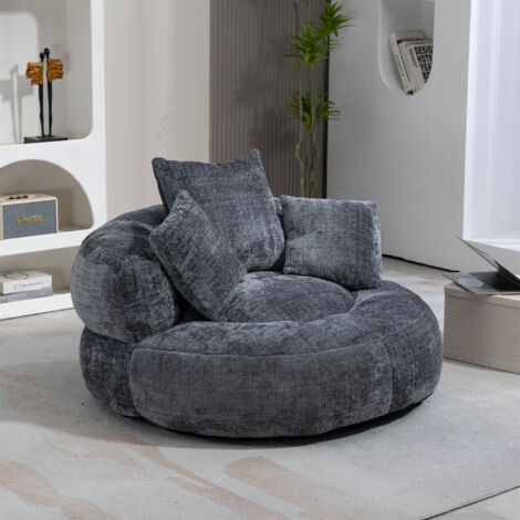 Chenille Lazy Sofa Chair - High Back Lounger with 3 Pillows, Indoor/Outdoor (Grey)