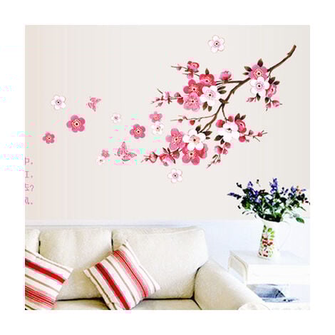 Cherry Blossom Wall Stickers with Red Pink Butterfly, Cherry Blossom Vine Flower Branches Tree Decals Living Room Bedroom Kitchen Tiles Hallway Wall Stickers