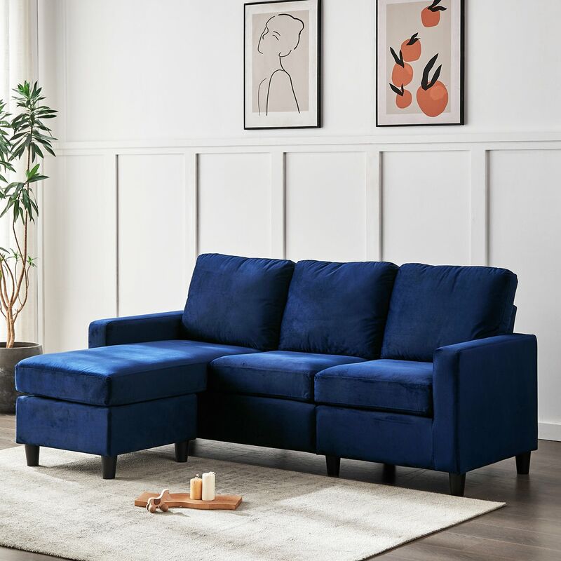 Cherry Tree Furniture Campbell 3 Seater Sofa With Reversible Chaise In Blue Velvet - Blue