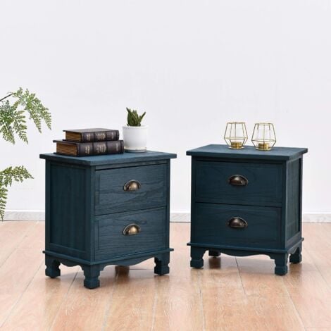 Cherry Tree Furniture CAMROSE 2X Wooden Bedside Cabinet with Metal Cup Pull Handles Blue 2 Drawer Pair