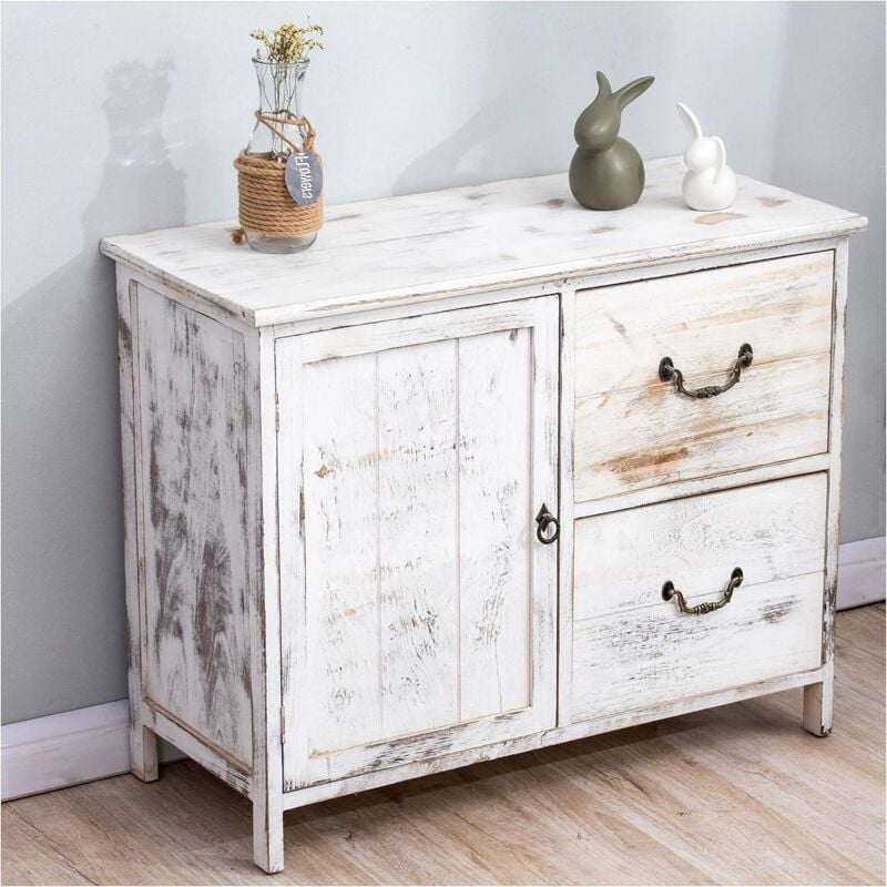 Cherry Tree Furniture Distressed White Paulownia Wood Shabby Chic Sideboard Storage Cabinet Bf014