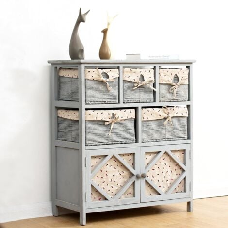 Cherry Tree Furniture Grey Paulownia Solid Wood Sideboard Drawer Chest with Wicker Baskets