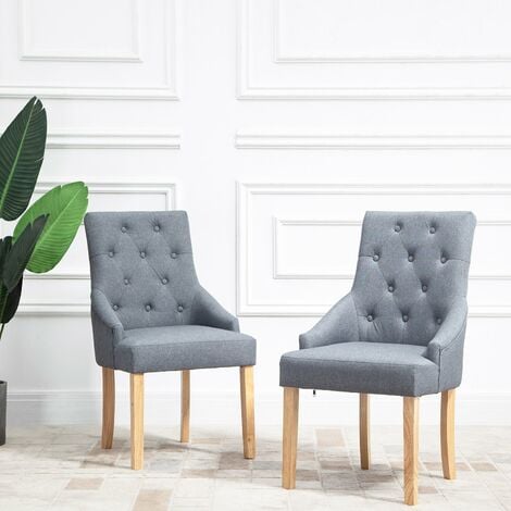 Cherry Tree Furniture Harbury Set of 2 Buttoned Dining Chairs (Light Grey Linen with Solid Oak Legs)