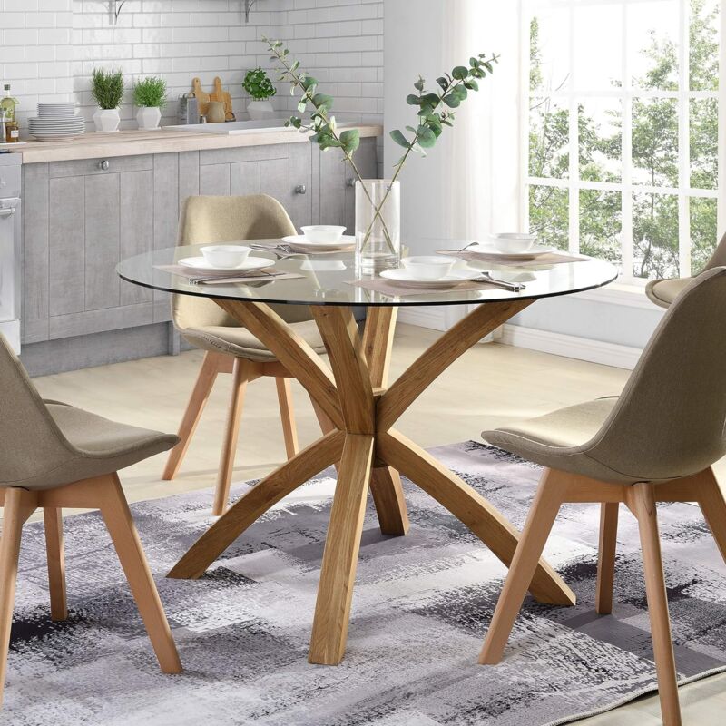 Cherry Tree Furniture Lugano Round Glass Top Solid Oak Legs Dining Table Bsd 004 Oak