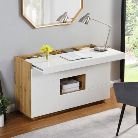 main image of "Cherry Tree Furniture Yukon High Gloss White 2 in 1 Desk or Sideboard with Extendable Top"