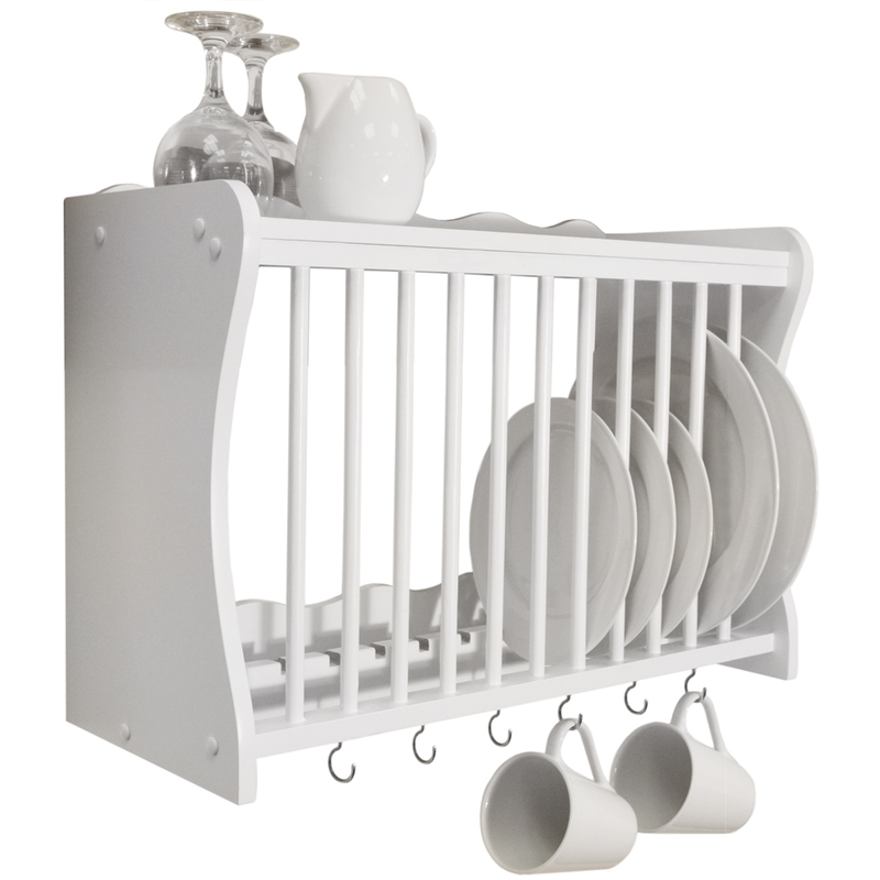 CHESHUNT Wall Mounted Kitchen Plate Cup / Storage Rack with Hooks White WD1890