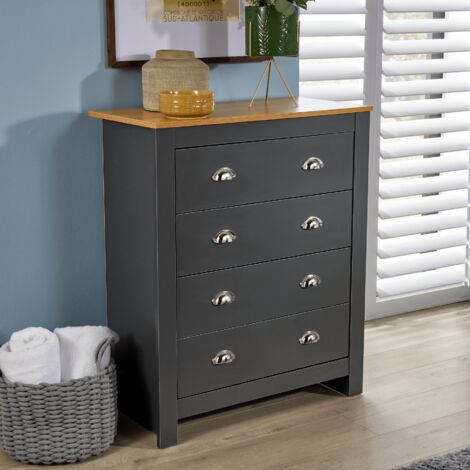 Chest 4 Drawers Bedroom Furniture Graphite Oak Top Metal Handles Wood Nightstand