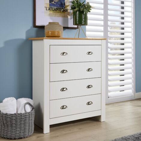 Chest 4 Drawers Bedroom Furniture White Oak Top Metal Handles Wooden Nightstand